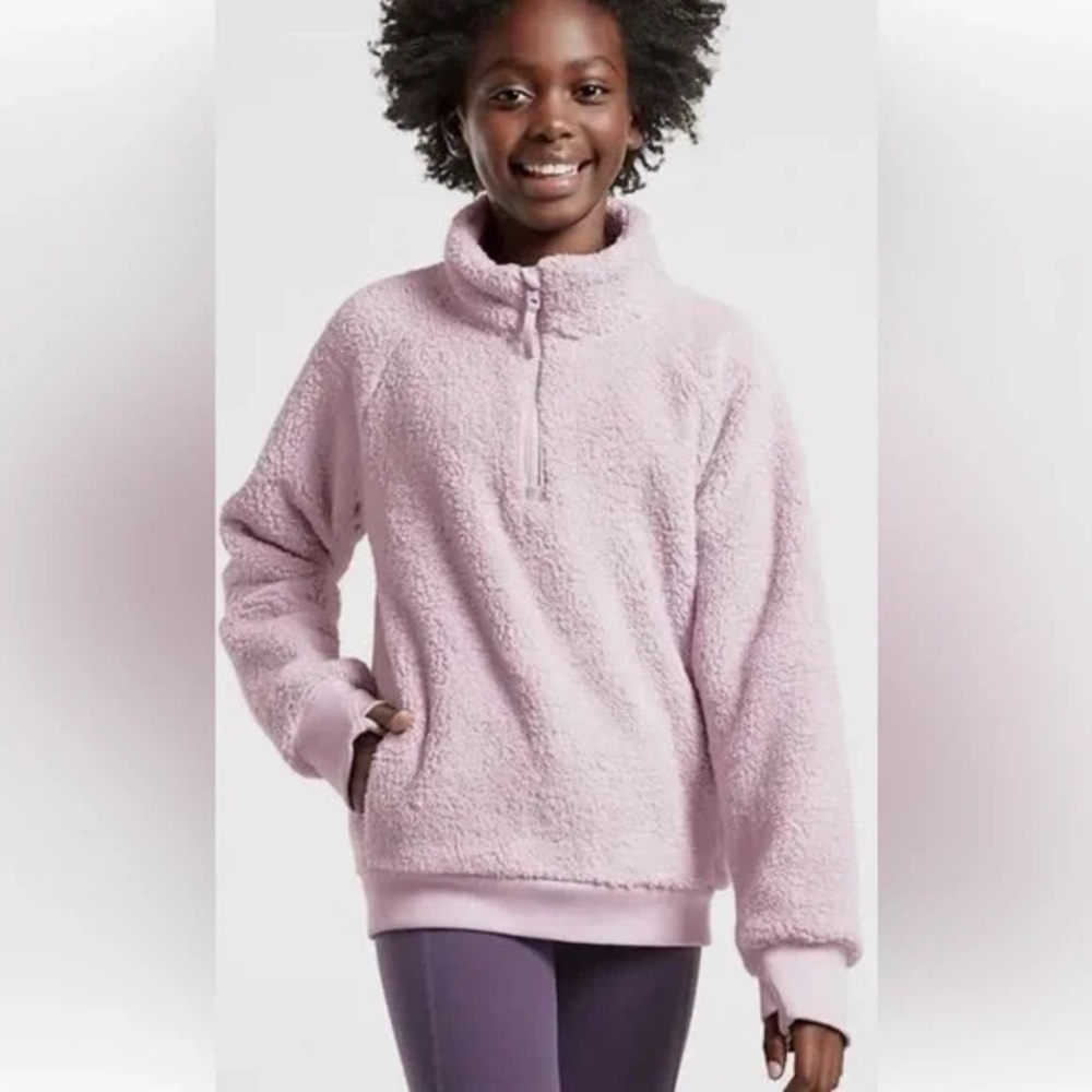 Athleta Girl So Snug Sherpa Pullover Sweatshirt Size XL 14 Lilac Purple Fleece